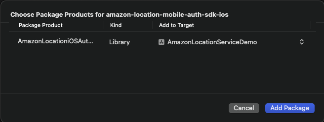 Add Amazon Location Service Mobile Authentication SDK for iOS to target