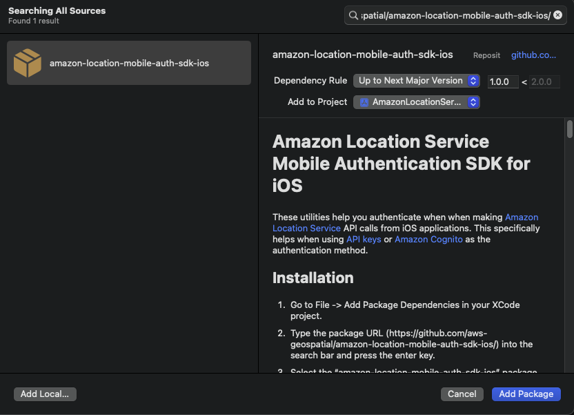 Add Amazon Location Service Mobile Authentication SDK for iOS