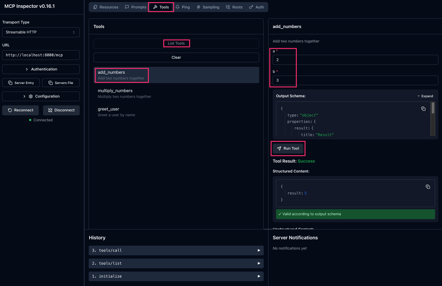 Run Tool on MCP Inspector